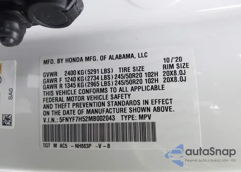 2021 Honda Passport 2Wd Ex-L z USA, uszkodzony, nr VIN 5FNYF7H52MB002043